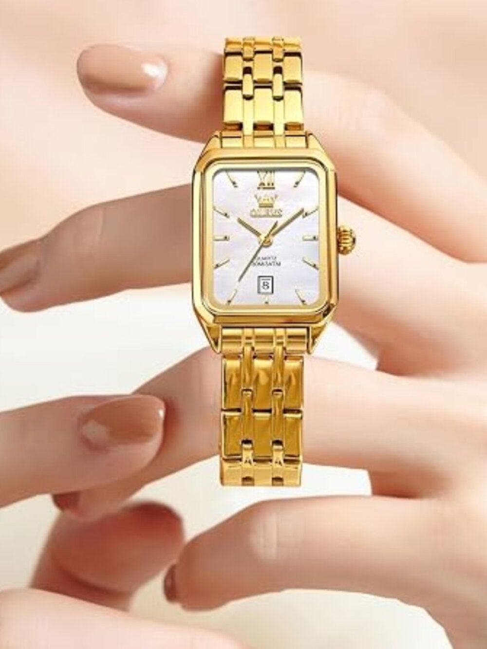 OLEVS Square Watch Gold Stainless Steel Bracelet Ladies Small Face Watches